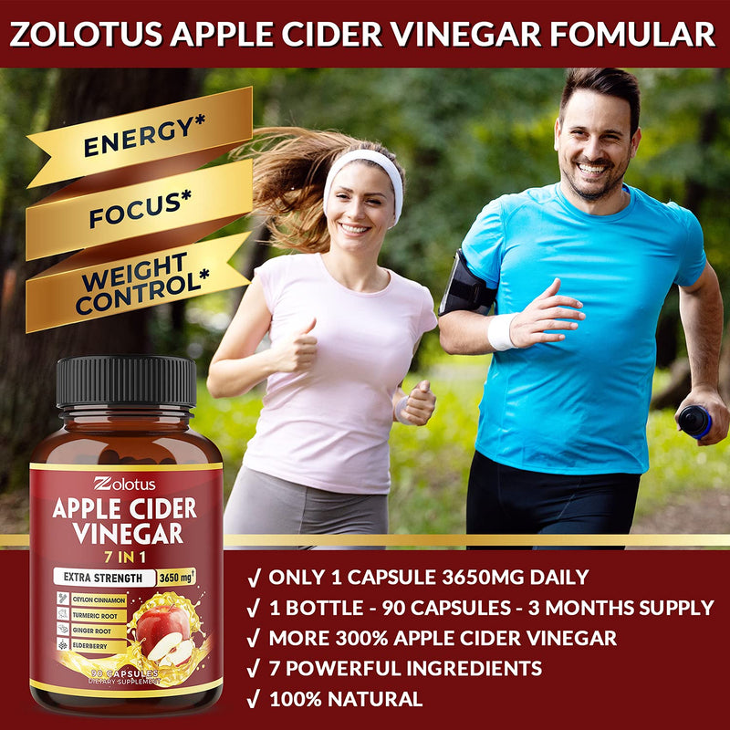 Zolotus 7 in 1 Apple Cider Vinegar Capsules, Equivalent to 3650mg, 3 Month Supply with Ceylon Cinnamon, Ginger Root, Turmeric, Elderberry, Best Supplement for Digestion, Immune 90 Count (Pack of 1) - BeesActive Australia