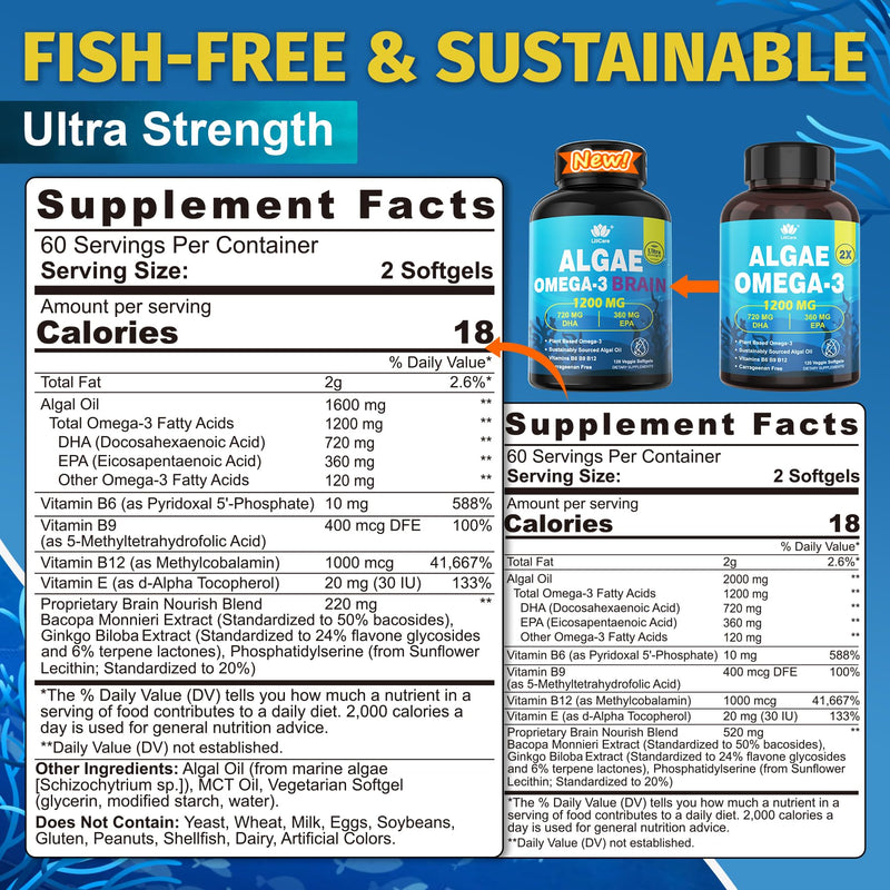 Algae Oil Omega 3 Supplement, Plant-Based EPA & DHA Fish Oil Alternative with Methylated B12, B6, B9, Vitamin E - Vegan Softgels for Brain, Energy, Immune Support for Women & Men, Non-GMO, 240 Count 120 Count (Pack of 2)