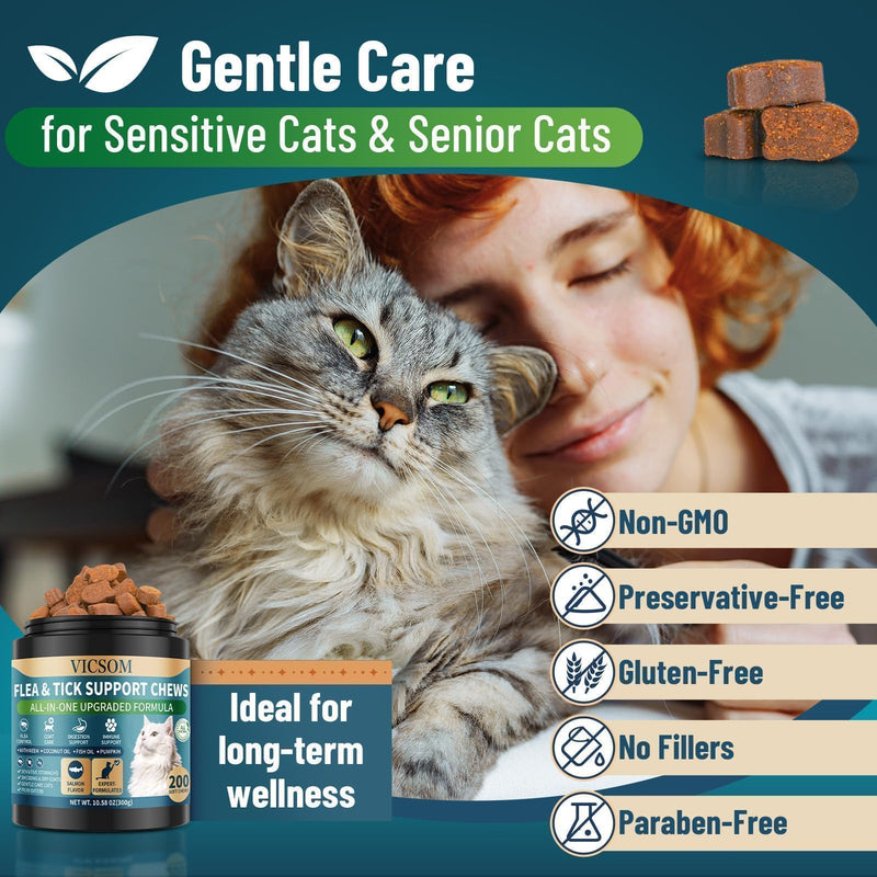 Flea and Tick Prevention for Cats Chewable, 200 Treats Natural Cat Flea Treatment, Skin & Digestive Support Oral Supplement Chew Flea and Tick Treatment for Cat Kitten All Breeds & Ages, Salmon Flavor