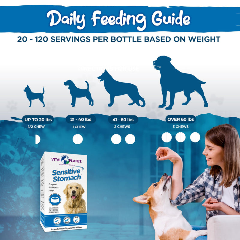 Vital Planet - Sensitive Stomach for Dogs with Enzymes, Probiotics and Fiber, Natural Digestive Support for Upset Stomach with Fennel, and Peppermint, 60 Chicken Flavored Chewable Tablets - PawsPlanet Australia