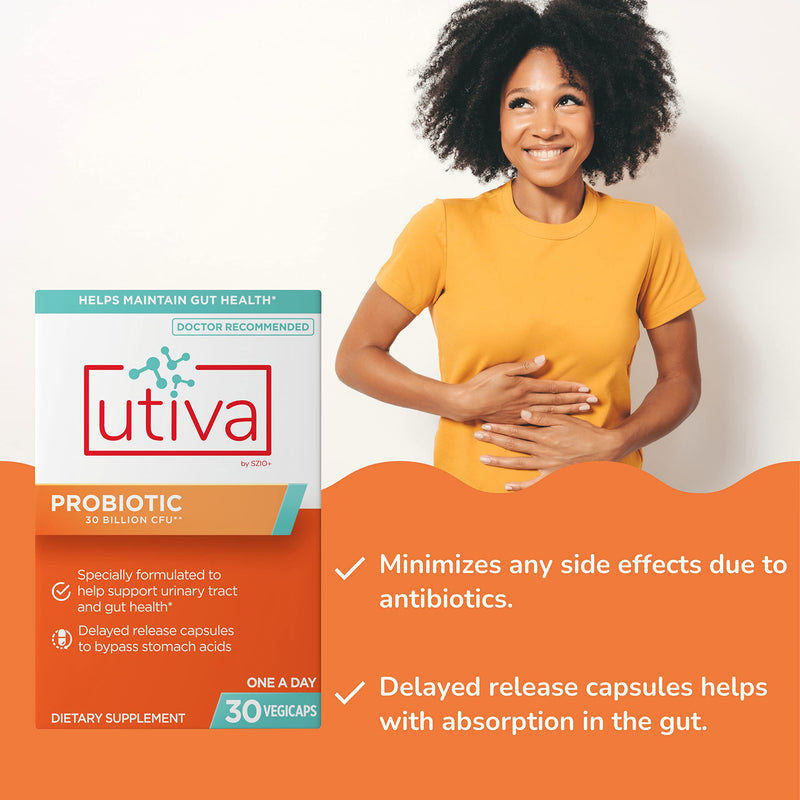 Szio+ Utiva Probiotic 30B CFU, Urinary Tract and Gut Health, 30 Capsules | Lactobacillus and Bifidobacterium strains, digestion support and gut flora balance for adults
