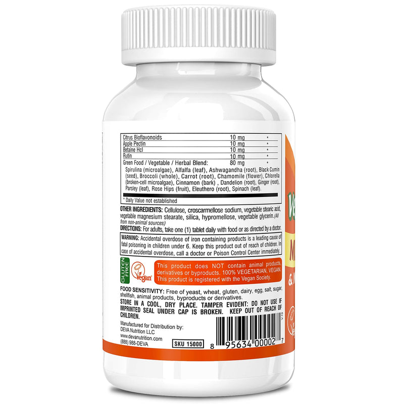 Deva Vegan Multivitamin and Mineral Supplement - Once-Per-Day Formula with Greens - Vitamins A, C, D, E, B Complex, High-Potency Formulation for Daily Health and Wellness- 90 Coated Tablets, 1-Pack