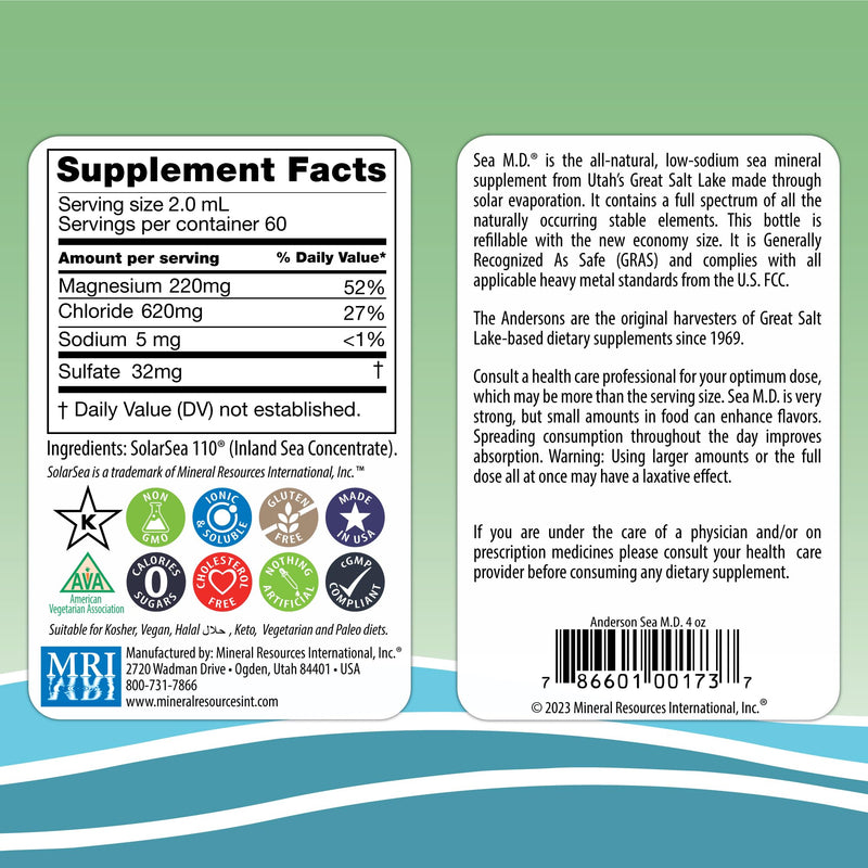 Anderson's Sea M.D. Concentrated Trace Mineral Drops, Ionic Electrolyte Magnesium Supplement, Aids in Muscle Cramps, Joint Health, Liquid Magnesium, Easy to Take, 4 fl oz, 60 Servings 4 Fl Oz (Pack of 1) - BeesActive Australia