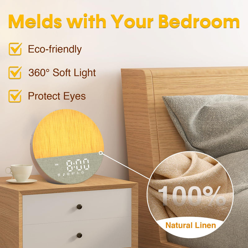 Sunrise Alarm Clock for Morning Wake-up: Gentle Gradual Wake Up Light for Heavy Sleepers Relieve Stress - Linen-Wrapped for Bedroom - 30 Sleep Sounds White Noise Machine with Memory & Bluetooth 6.5*4.6*6.2 Inch - BeesActive Australia