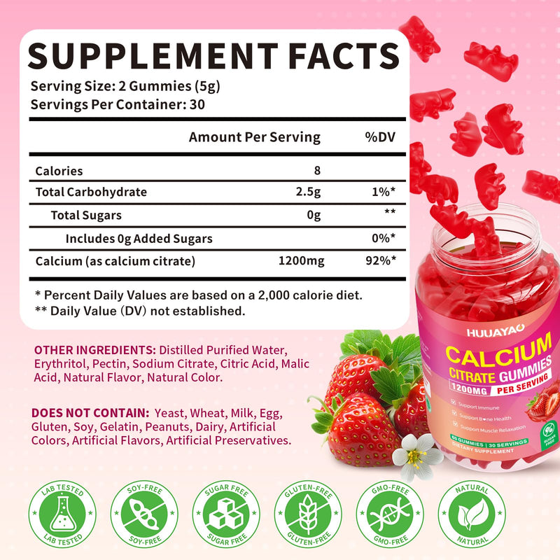Calcium Citrate Gummies 1200mg, Chewable Calcium Supplements for Women & Men, High Absorption Calcium Gummies for Bone, Muscle & Immune Support, Sugar Free, Strawberry Flavor 120 Count 120 Count (Pack of 1)