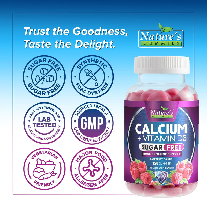 Calcium Supplement Gummies - Sugar Free Calcium Gummy with Vitamin D3 for Best Absorption - Supports Immune Health, Bones & Teeth - Nature's Calcium Chews for Women & Men - Berry Flavor - 120 Gummies 120 Count (Pack of 1)