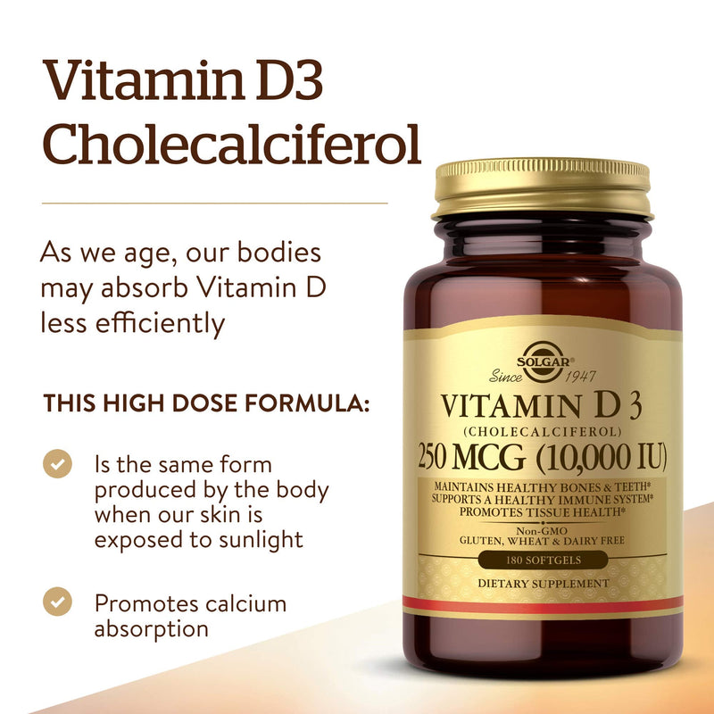 Solgar Vitamin D3 Cholecalciferol 250 MCG 1000 IU, 60 Tablets, Gluten Free | Supports Calcium Absorption, Non-GMO 180 Count (Pack of 1)