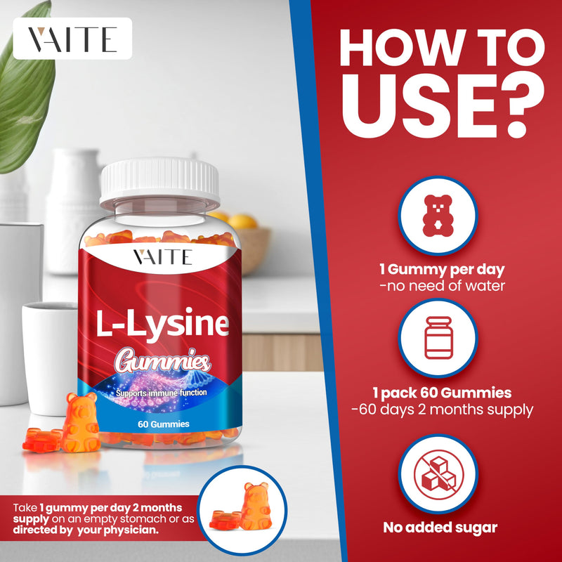 L-Lysine 1000mg Gummies - Supports Skin, Lip, Vegan, Gluten Free, Vitamins for Adults Tissue Health & Immune System, Chewables, Amino Acid Vitamin Supplement & Complex Supplements, Non-GMO 60 Count (Pack of 1) - BeesActive Australia