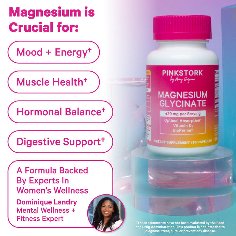 Pink Stork Magnesium Glycinate with Vitamin D for Women, 60 Servings | Magnesium Supplement, Support Natural Calm and Quality Sleep, Hormone Balance for Women, 2 Month Supply Unflavored 60 Count (Pack of 2)