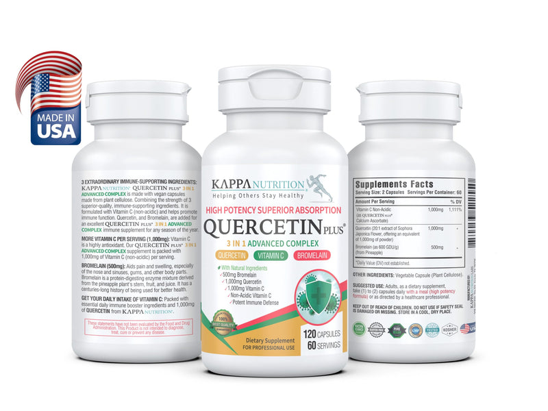 QUERCETIN PLUS, Quercetin 1,000mg, Bromelain 500mg and Vitamin C 1,000mg, (120 Capsules), 3 in 1 from Bioflavonoids, Supports Immune, Cardiovascular & Respiratory Health, Seasonal Allergy Relief.
