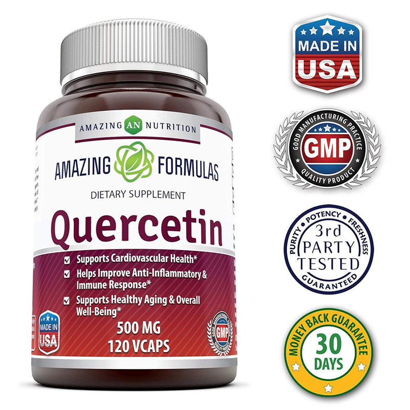 Amazing Formulas Quercetin 500 Mg, 120 VCaps - Dietary Supplement, Vegan Capsules, Non-GMO, Gluten Free - Optimal With A Balanced Diet and Regular Exercise