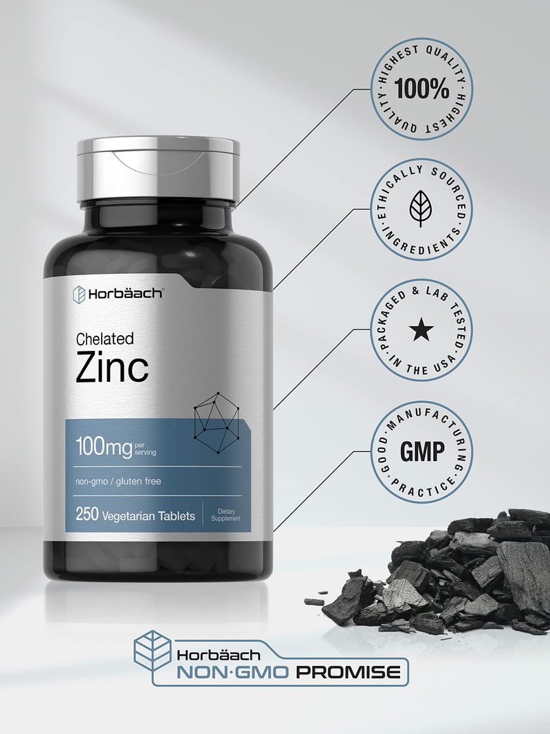 Horbäach Chelated Zinc Supplement 100mg | 250 Tablets | High Potency & Superior Absorption | Vegetarian, Non-GMO, Gluten Free - BeesActive Australia