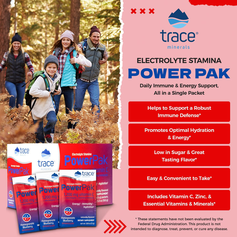 Trace Minerals | Power Pak Electrolyte Powder Packets | 1200 mg Vitamin C, Zinc, Magnesium | Boost Immunity, Hydration and Natural Energy | Pomegranate Blueberry | 30 Packets - BeesActive Australia