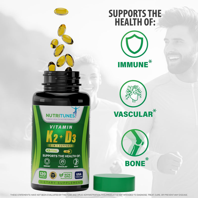 Vitamin K2 + D3 (120 Softgels) - Vitamin D3 K2 Supplement - Supports Cardiovascular & Bone Health - Non-GMO - Allergen-Free - 120 Softgels - BeesActive Australia