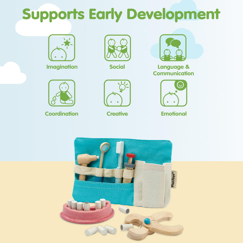 PlanToys® Pretend Play Dentist Toy Set for Kids | Wooden Doctor Kit with Teeth Model, Dental Tools, and Bag | Educational Toy for Toddlers | Encourages Imaginative Role Play - BeesActive Australia