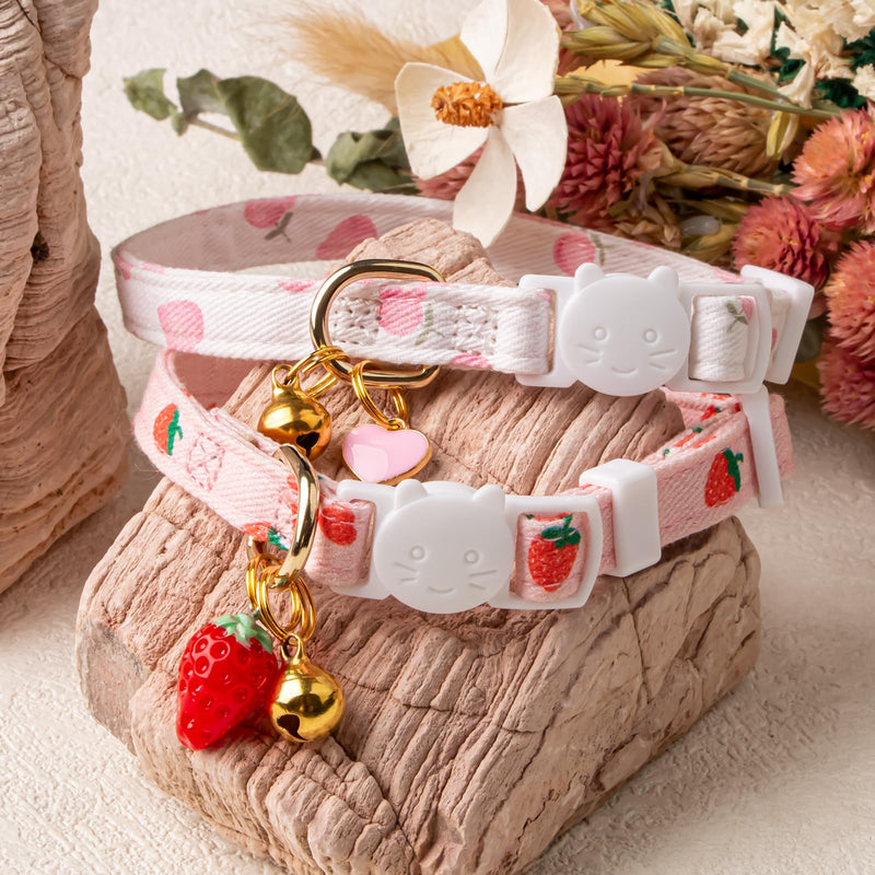 2 Pack Cotton Breakaway Cat Collar,Pink Strawberries and White Heart Shaped Pendant Kitten Collar Cute Cat Collar with Bell,Ideal for Girl Cats Boy Cats Pink&White - BeesActive Australia
