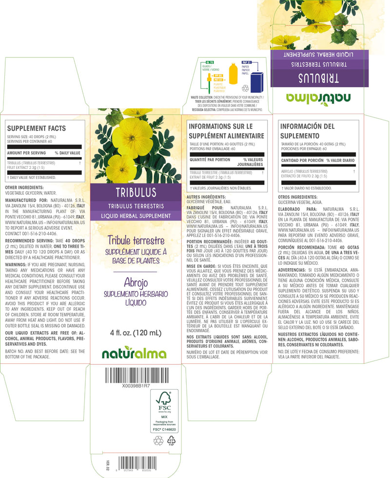 Naturalma Tribulus (Tribulus terrestris) fruit Alcohol-free Tincture - 4 fl oz Liquid extract in drops - Herbal supplement - Vegan 4 Fl Oz (Pack of 1) - BeesActive Australia