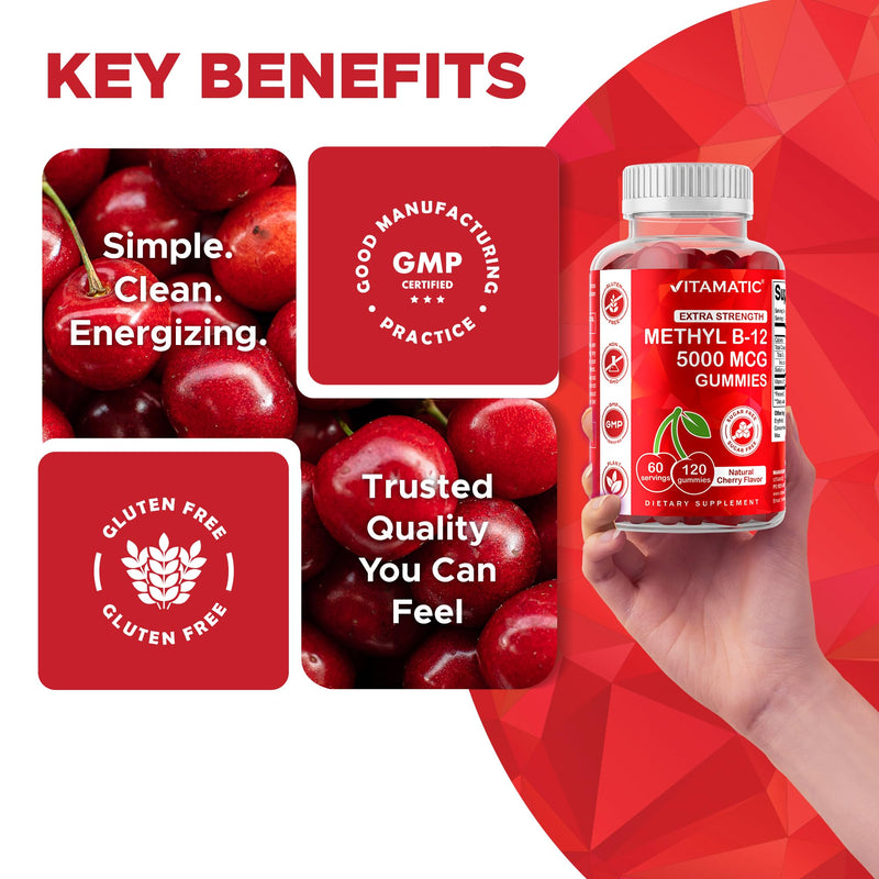 Vitamatic 2 Packs Extra Strength Vitamin B12 5000 mcg (Methyl B12) Gummies - 120 Count - Energy Metabolism Support and Nervous System Health Support, Natural Cherry Flavored | Extra Strength, Energy Metabolism Support and Nervous System Health Support*...