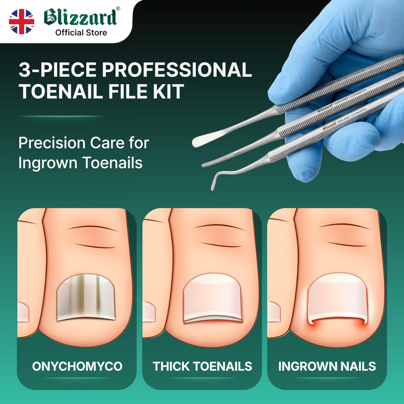 Ingrown Toenail File Set by Blizzard – 3 Piece Double-Ended Tool Kit with Blacks File, Nail Cleaner and Lifter for Cleaning and Care of Ingrown Toenails - Premium Stainless Steel (3) Blacks File/ Cleaner/ Lifter