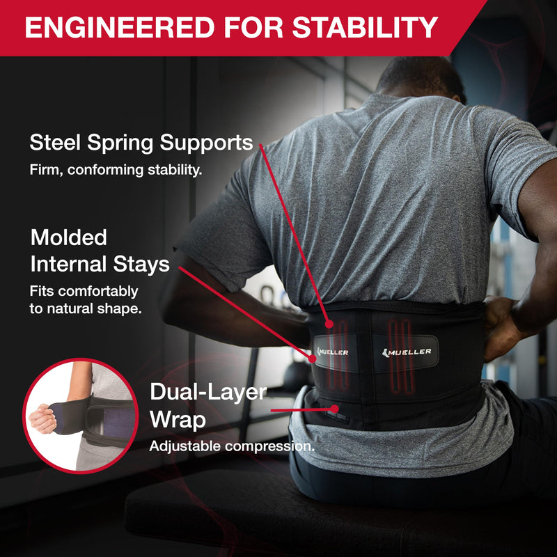 MUELLER Sports Medicine Lumbar Back Brace with Removable Pad, Ideal for Upper and Lower Back Pain, Relief & Support for Men and Women, Strains, Sciatica, Scoliosis Regular Size