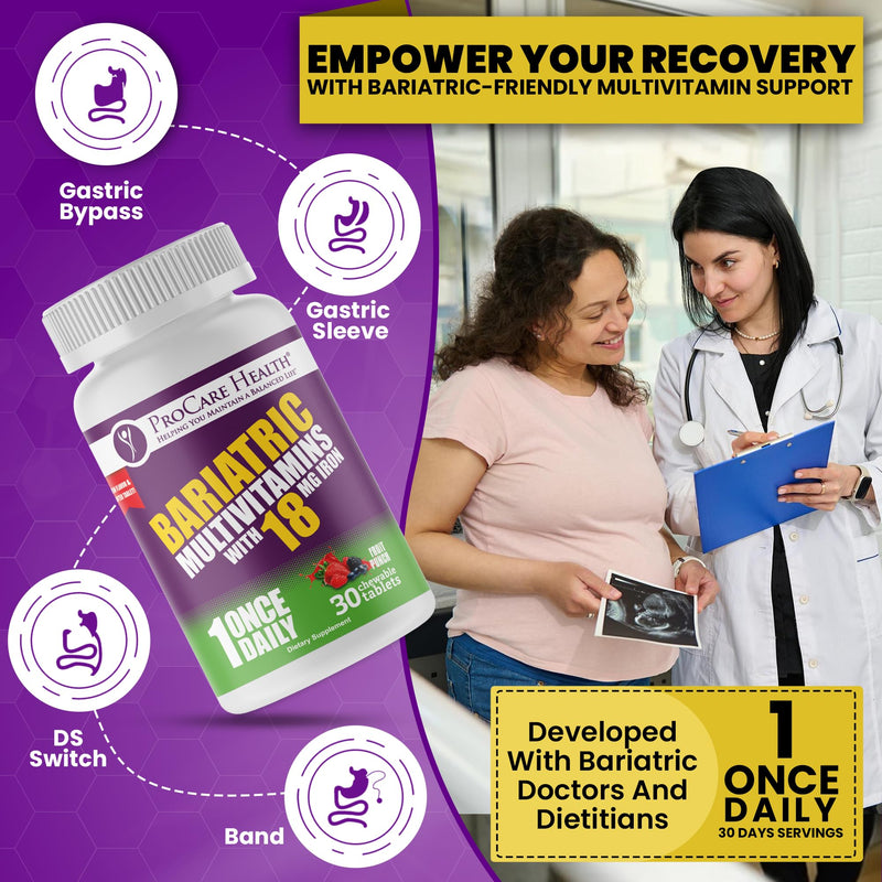 Core-18 Bariatric Multivitamin | Fruit Punch | Chewable | 30ct | Once Daily Bariatric Multivitamin with Iron 45mg Chewable Tablets for Gastric Bypass, Sleeve & Post-Op Support - Made in USA 30 Count (Pack of 1)