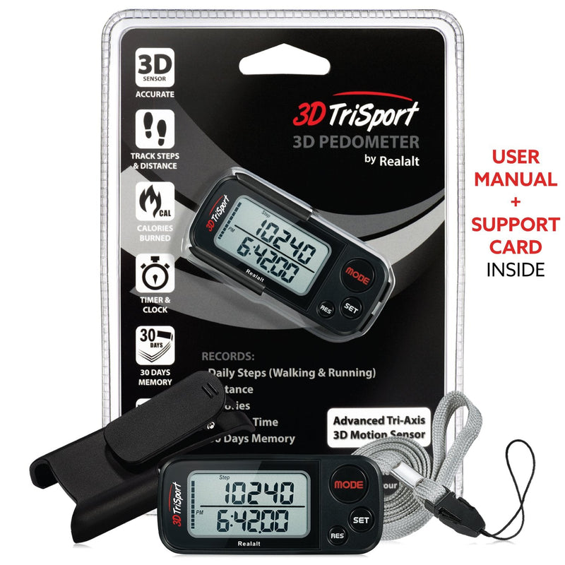 Realalt 3DTriSport 3D Walking Pedometer with Clip & Strap, Accurate Step Counter with 30-Day Memory, Distance in Miles/KM with Large Display Perfect for Seniors & Beginners, eBook Included One Size Stealth Black
