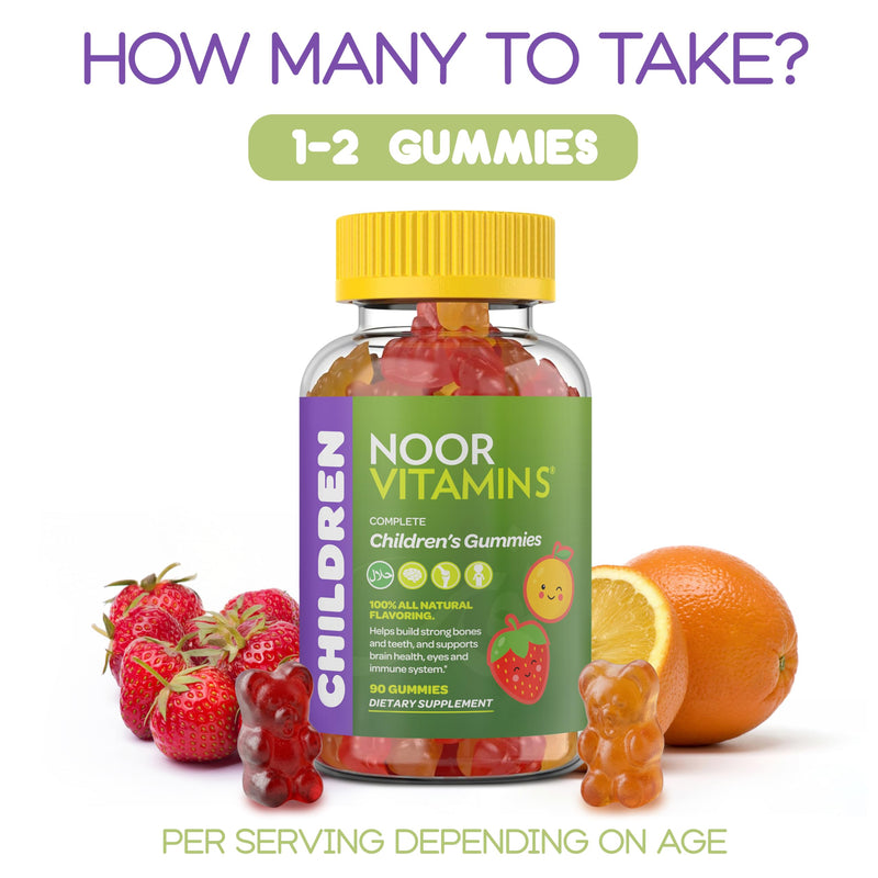 Noor Vitamins Halal Vitamins, Kids Vitamins, Kids Multivitamin Gummies: Vitamin C for Kids, D3, and Zinc for Immunity, B6 B12 for Energy. Gluten Free Halal Gummies, 90 Count Gummy Vitamins for Kid Multivitamins