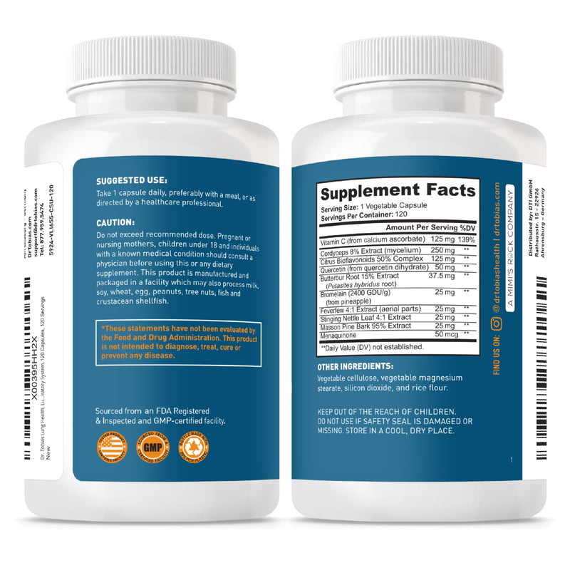 Dr. Tobias Lung Health Respiratory Support 120 Capsules | Lung Supplement | Lung Cleanse, Bronchial & Immune Support | Vitamin C + Butterbur + Quercetin + Bromelain | 120 Servings 120 Count (Pack of 1)