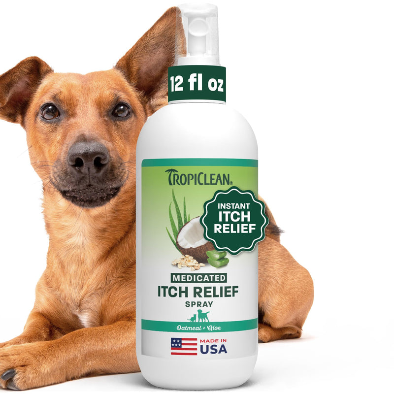 TropiClean Medicated Itch Relief Deodorizing Spray, Oatmeal & Aloe Scented, Dog Perfume with Soothing Aloe, 12oz