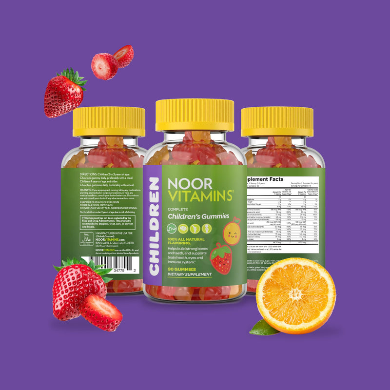 Noor Vitamins Halal Vitamins, Kids Vitamins, Kids Multivitamin Gummies: Vitamin C for Kids, D3, and Zinc for Immunity, B6 B12 for Energy. Gluten Free Halal Gummies, 90 Count Gummy Vitamins for Kid Multivitamins
