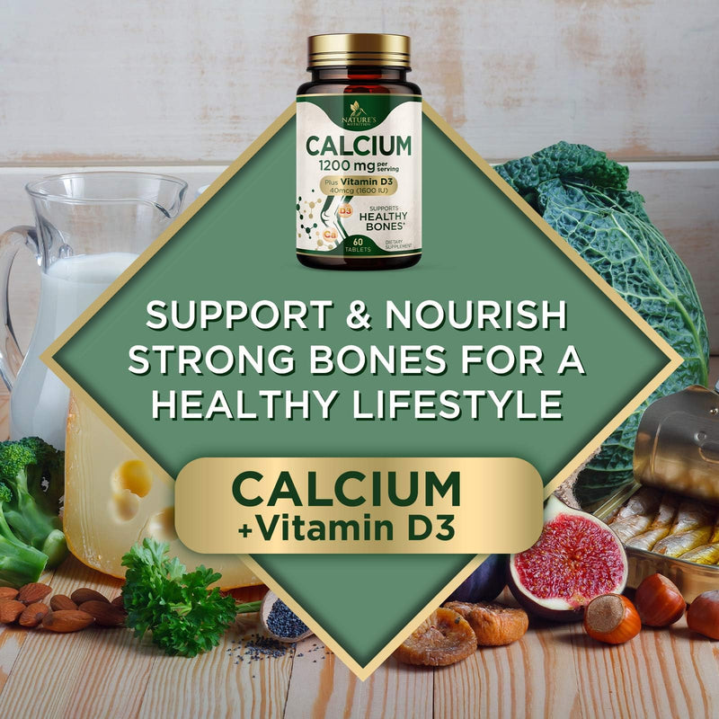 Calcium 1200 mg with Vitamin D3 - Bone Health Supplement, Vitamin D & Calcium Supplements for Women & Men - Bone Strength, Teeth & Immune Support, Nature's Calcium Pills, Bottled in USA - 60 Tablets 60 Count (Pack of 1)