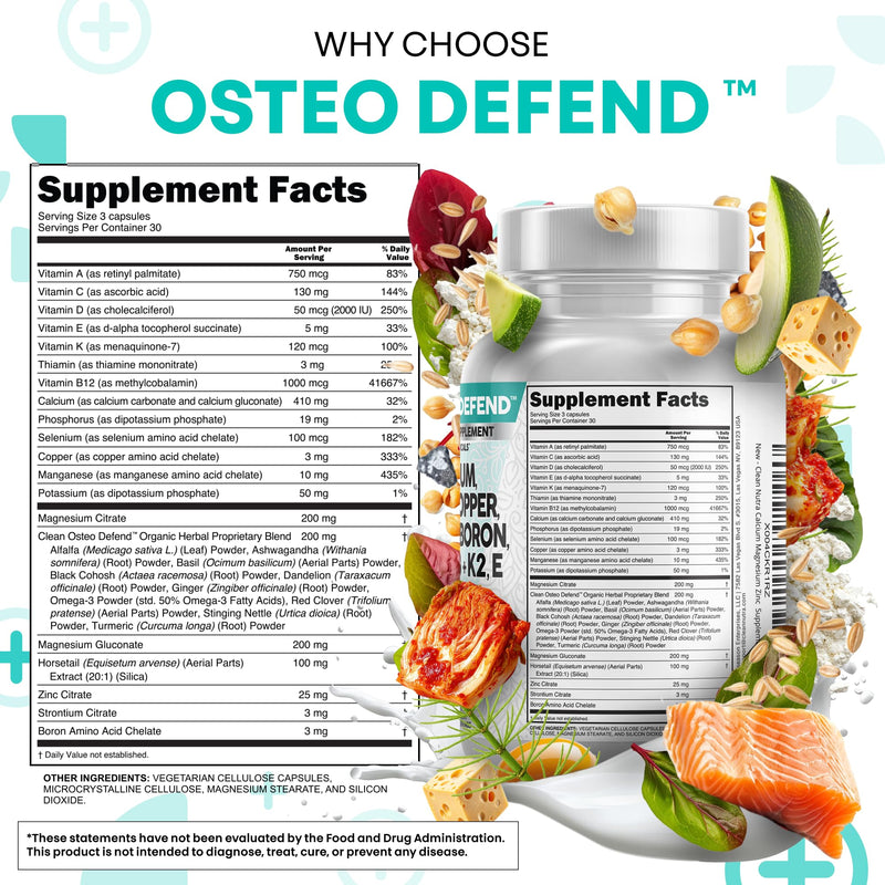 Allin1 Calcium Magnesium Zinc Supplement with Potassium, Copper, Strontium, Silica, Vitamin D3 K2, Boron, Vitamin B1 B12 Red Clover Herb Alfalfa Basil Pills for Men & Women Clean Nutra Osteo Defend