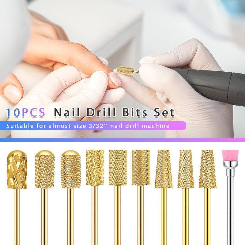 Honoson 10 Pcs Nail Drill Bits Set, 3/32 Inch Cuticle Tungsten Carbide Bit for Nail Drill Nails, File Remove Acrylic Gel Polish Manicure Pedicure Tool for Salon Home Supplies(Gold) Gold - BeesActive Australia