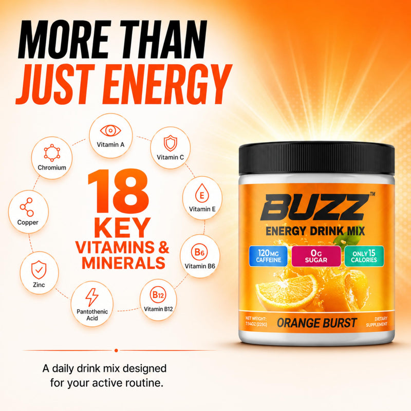 Sugar Free Energy Drink Powder, 18 Vitamins & Minerals, Orange Burst Flavor | Energy Drink Mix with amino acids for Pre Workout energy & focus, no jitters, no artificial dye, gluten-free, made in USA
