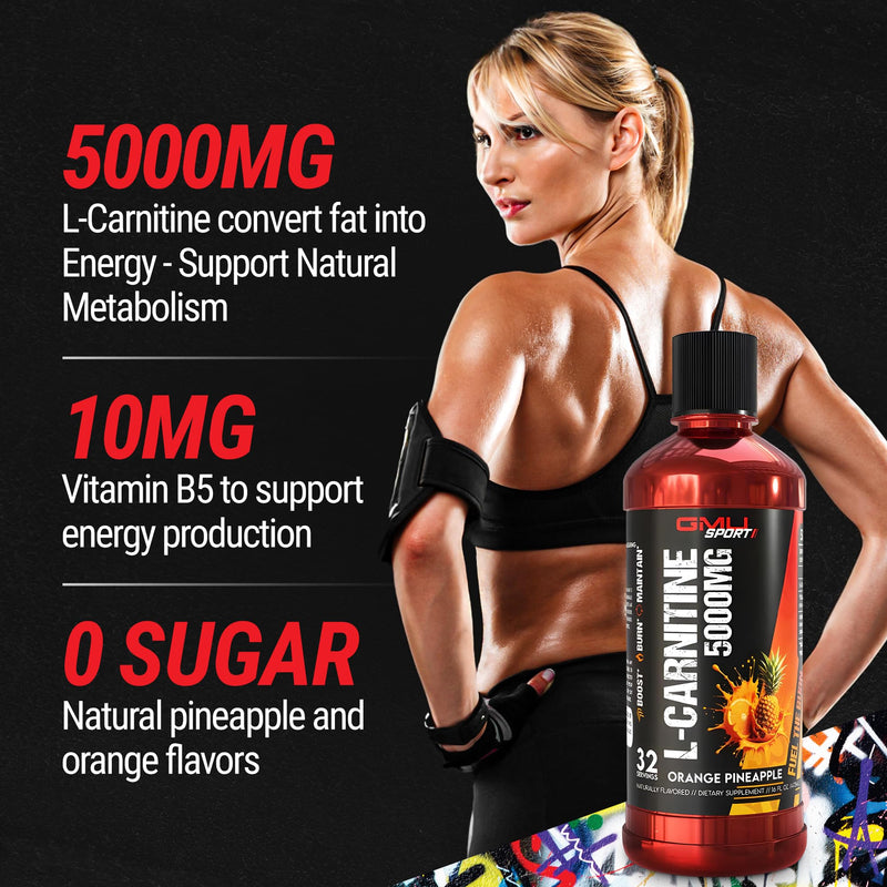 Liquid L-Carnitine 5000mg – Orange Pineapple – Metabolic, Energy and Muscle Support Supplement – Stimulant-Free Pre Workout Alternative for Endurance, Exercise & Recovery – 32 Servings – GMU Sport