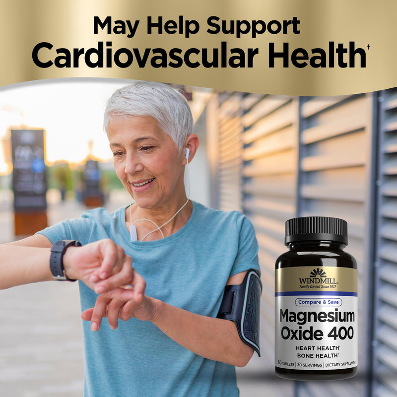 Windmill Natural Vitamins Magnesium Oxide 400 mg, Immune Support, Supports Muscle Recovery, Supports Healthy Heart, 60 Count, 30 Servings