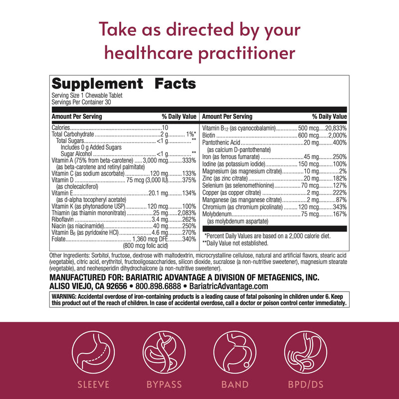 Bariatric Advantage Chewable Ultra Solo with Iron, Citrus, 30 Tablets | Once-Per-Day Daily Multivitamin, for Bariatric Patients, with Thiamin, Vitamin A and More, Gluten-Free, Chewable Tablet 30 Count (Pack of 1)