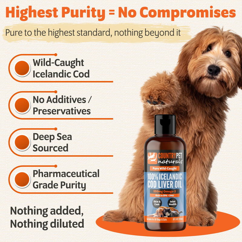 Wild-Caught Pure Icelandic Cod Liver Oil for Dogs & Cats 8oz, Single-Ingredient, 1150 mg Omega-3, High EPA/DHA, Natural Vits A&D, Supports Healthy Skin, Coat & Mobility, 8oz bottle 8 oz