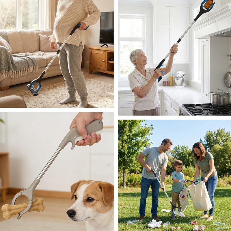 2-Pack Reacher Grabber Set: 32" Foldable Long Reach with Magnetic Tip & 12" Fixed Short Tool | 360° Rotating Non-Slip Jaw | Heavy Duty Pickup Sticks for Seniors, Garden & Small Items (Blue/Black) 32"blue+12"black - 2pack