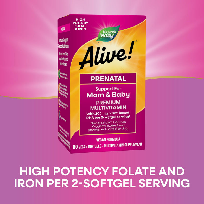 Nature's Way Alive! Prenatal Multivitamin Softgels for Women, 60 ct | 100% or More Daily Value of 15 Vitamins & Minerals with Plant-Source DHA and Folate for Eye and Brain Development*