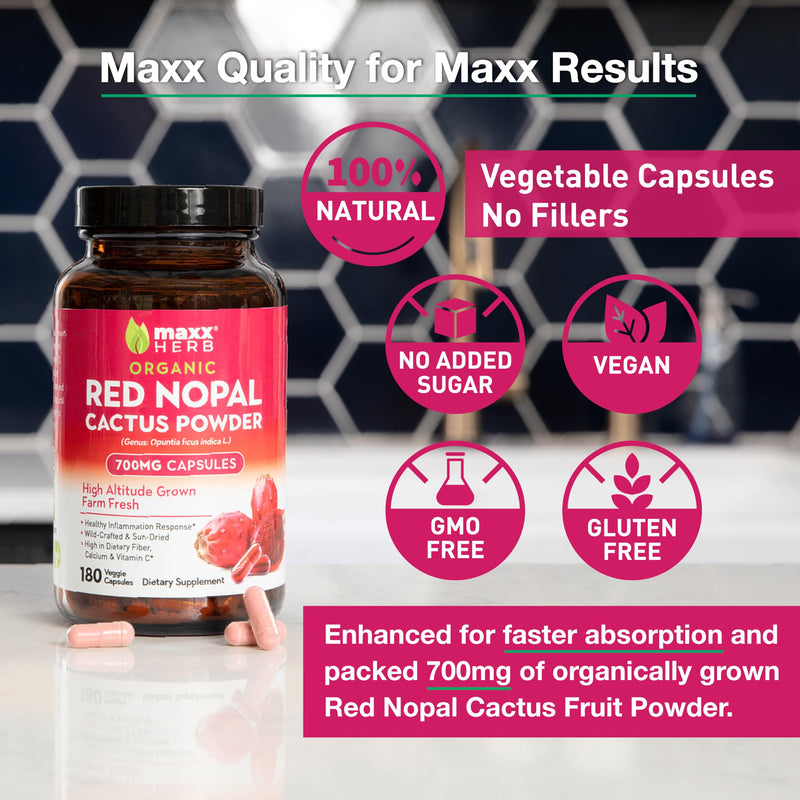Red Nopal Cactus Capsules - Organic Prickly Pear Fiber, Vitamins, Antioxidant, Metabolic Support, No Added Sugar, Non-GMO, Gluten Free (180 Veggie Capsules)