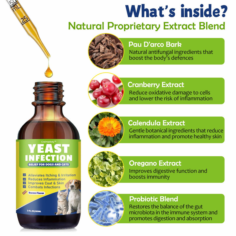 Natural Yeast Relief for Dogs and Cats, Skin & Ear Soothing Drops, Itchy Skin & Ear Allergy Support, Reduces Itching, Irritation & Inflammation, Bacon Flavor, 2 FL OZ