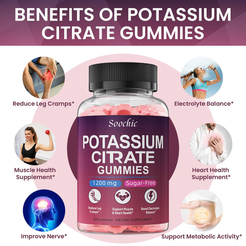 Potassium Citrate Gummies - 1200mg Chewable Potassium Supplement for Men & Women - Supports Leg Cramps & Muscle Health - Vegan, Gluten Free, Sugar Free - Raspberry Flavor (60 Count)