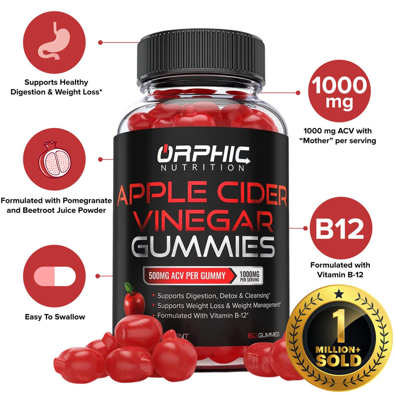ORPHIC NUTRITION Apple Cider Vinegar Gummies 1000mg - Unfiltered ACV with Vitamin B12, Beetroot & Pomegranate (120 pcs) 120 Count (pack of 1)