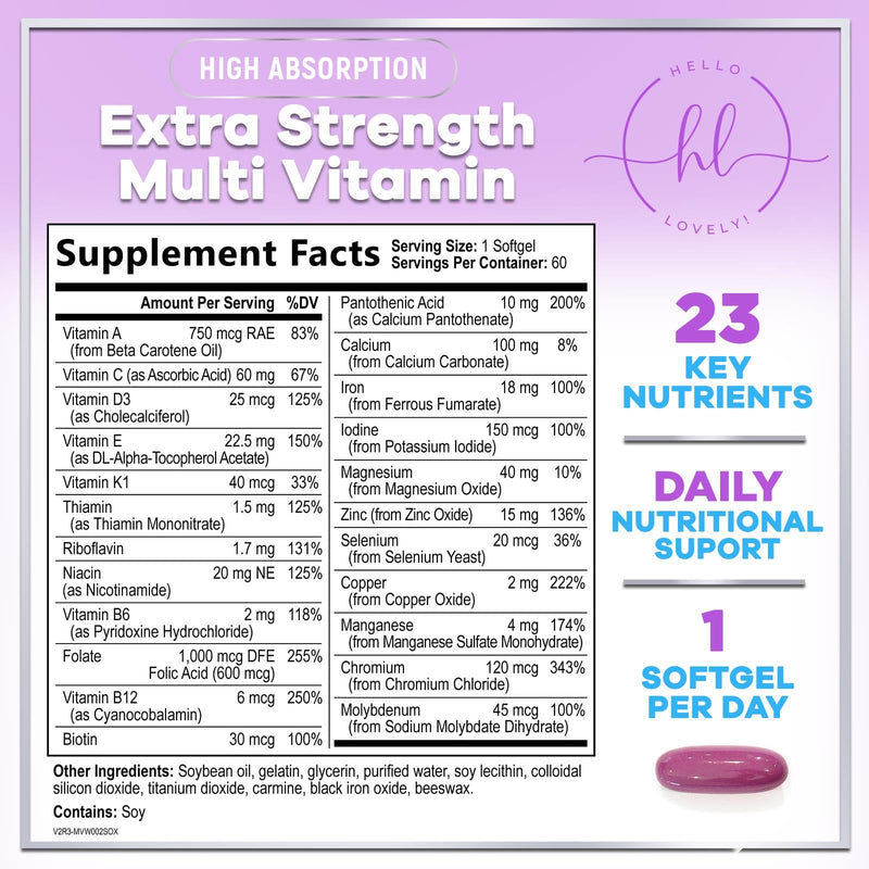Multivitamin For Women - Complete Daily Woman's Multivitamins with Biotin, Calcium, Folic Acid, Iron, Zinc, Vitamin A, C, D, E & B Vitamins, Women's Hair Skin and Nails Supplements - 60 Softgels 60 Count (Pack of 1)