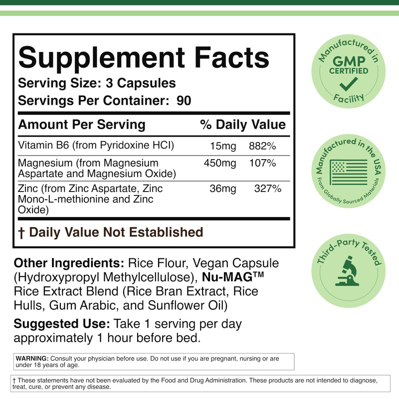 ZMA Supplement for Men and Women (Over 100% Daily Value of Zinc, Magnesium Aspartate, Vitamin B6) 501mg, 90 Capsules for Restfulness and Active Lifestyle Support by Double Wood Supplements (Pack of 2) 90 Count (Pack of 2)