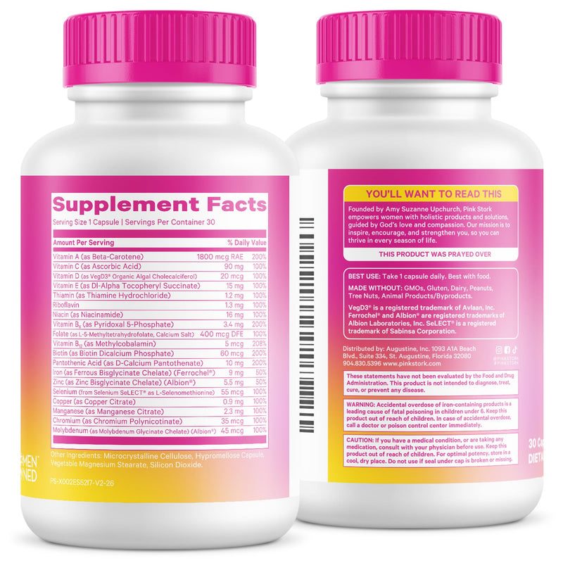 Pink Stork Total Women's Multivitamin, 19 Essential Vitamins, 30 Capsules | Energy, Metabolism, Hormone Support, Immune & Mood Support with B6, B12, Biotin, Iron & Zinc