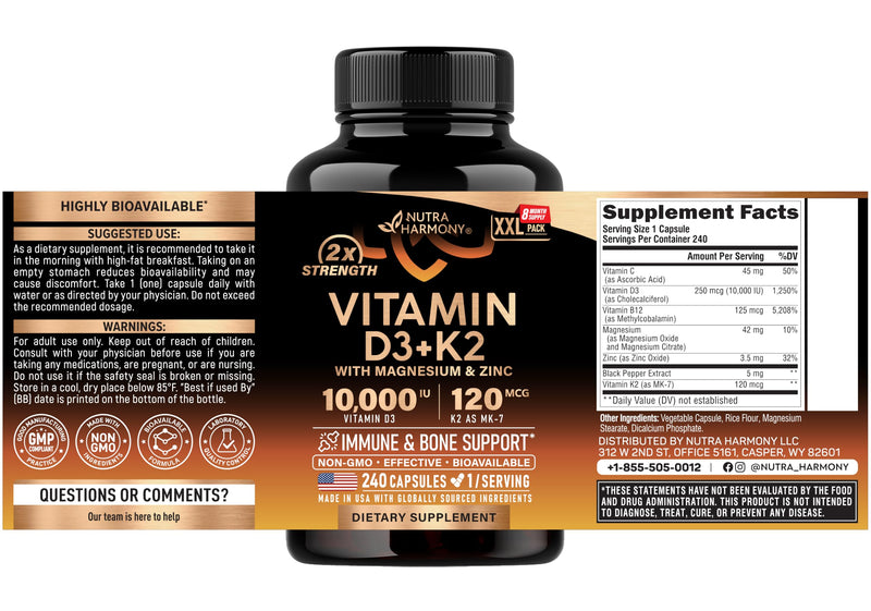 Vitamin D3 K2 - Vitamin D3 10000 iu & K2 as MK-7 120 mcg Complex - 240 Caps | D3 K2 + Magnesium, Zinc & Vitamin C & B12- Immune & Mood Support, Bone & Teeth Health - for Men & Women - Highly Bioavailable 240 Count (Pack of 1)