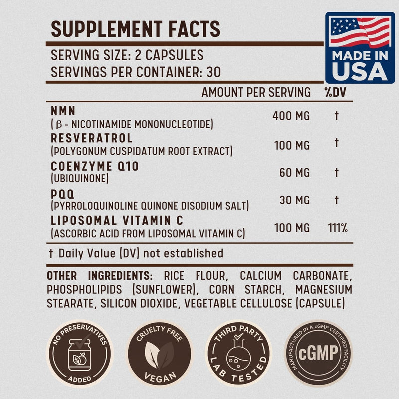 Liposomal NMN + CoQ10 + PQQ + Resveratrol + Vitamin C | 5-In-1 NAD+ Supplement | 99.9% Purity & 10x Absorption | Sustained Energy, Heart & Brain Support, Antioxidant & Longevity | 60 Vegan Caps