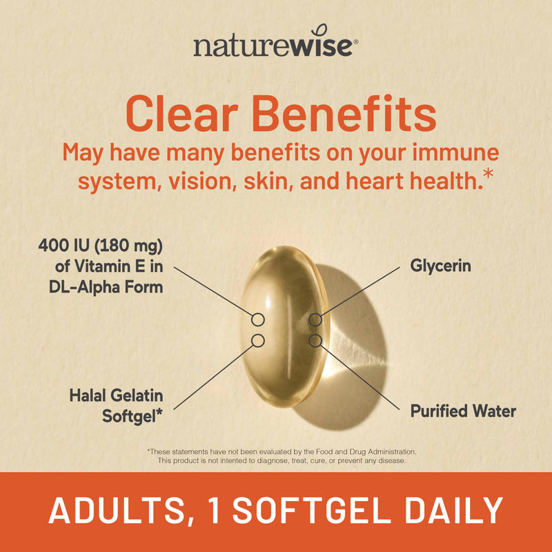 NatureWise Vitamin E 400 IU Softgels (180mg DL-Alpha) - Dairy,Gluten,and Soy Free,Non-GMO Antioxidant Dietary Supplement for Skin,Heart,Eye,and Immune Health Support -,200 Count (Pack of 2) 200 Count (Pack of 2)